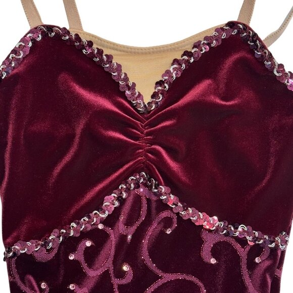 Ballet Dance Dress Costume‎ Girls 6/8 Yrs Burgundy Velvet Rhinestone Swirls Tutu - Picture 6 of 14